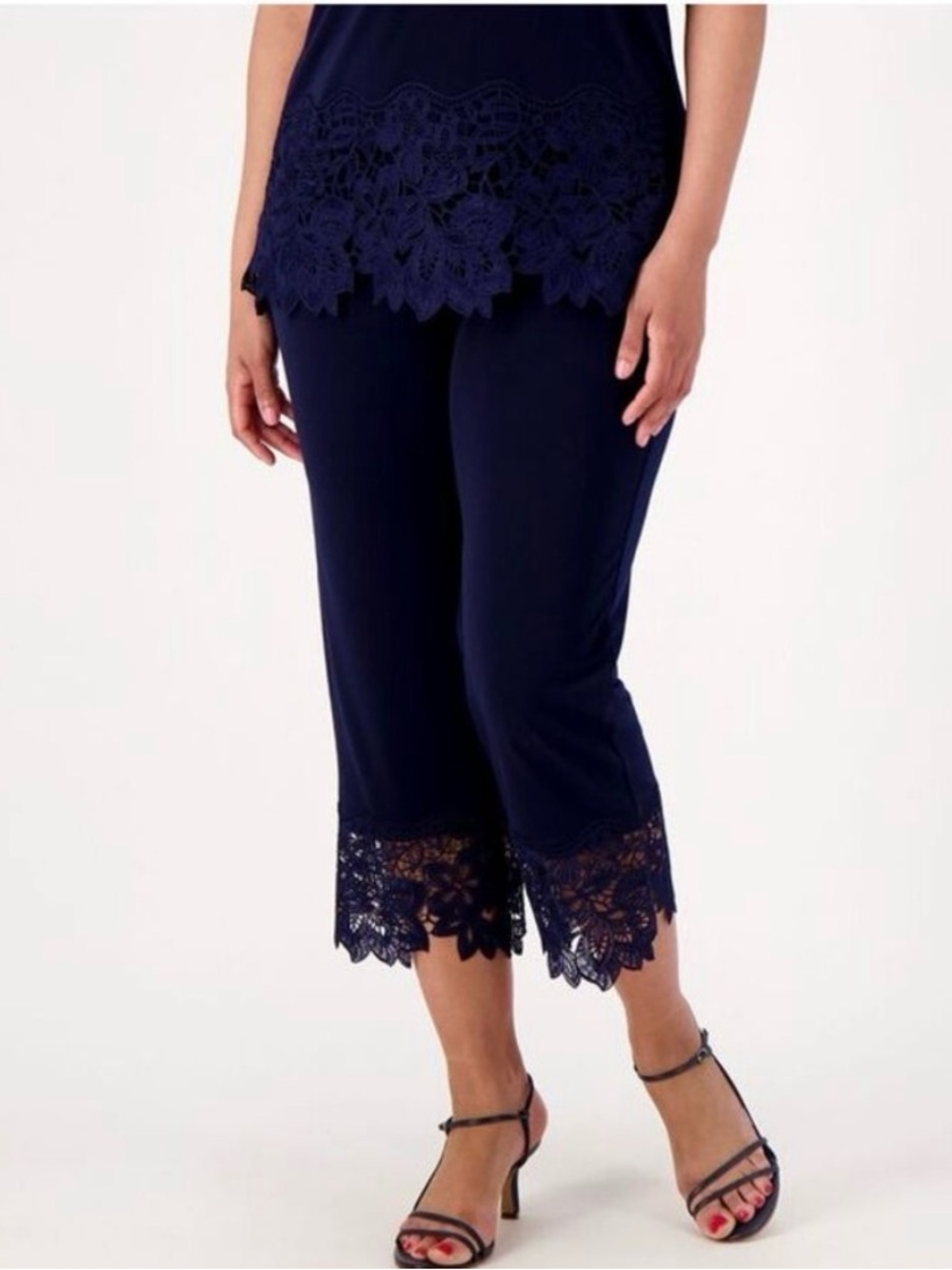 Susan Graver Navy Cropped Lace-Hem Pants